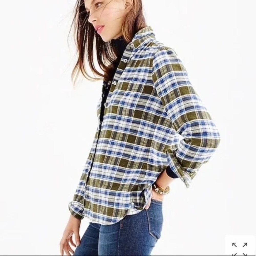 J.Crew Boy Shirt Misty Forest Plaid Shrunken Fit Cotton Button Down Size 0